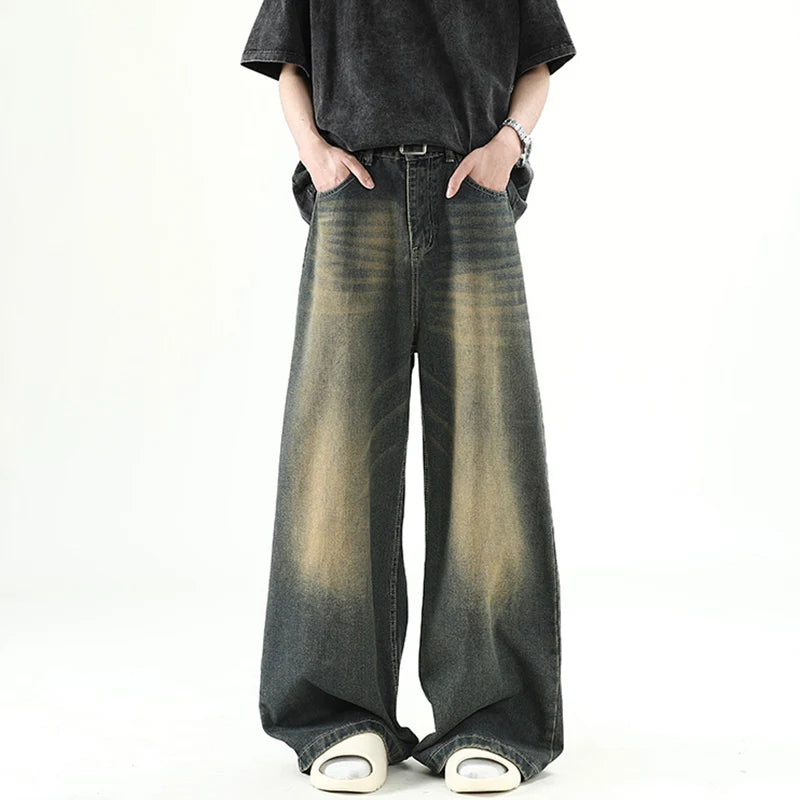 Pantaloni denim bărbătești, albastru închis, spălați, blugi drepți, casual