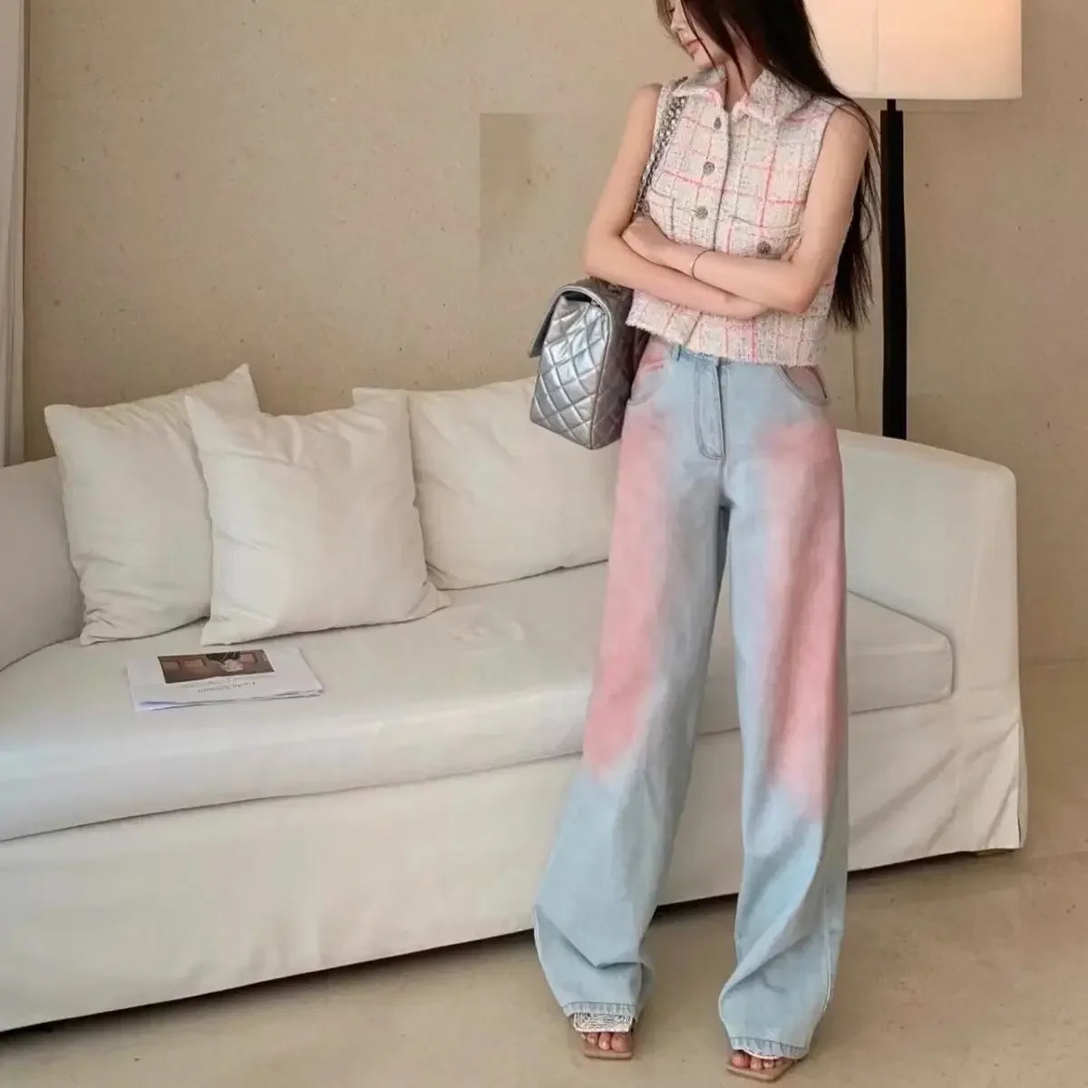 Blugi de damă, vopsiți în stil tie-dye, pantaloni de denim pentru femei, talie înaltă, cu picior larg