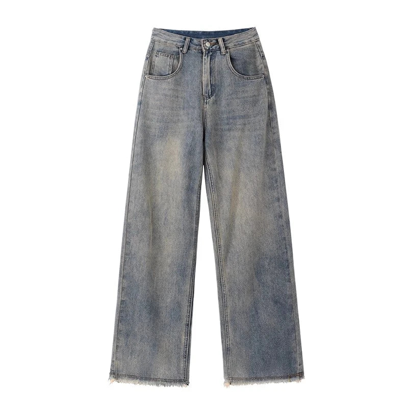Blugi de damă cu tiv uzat, talie înaltă, evazați, stil vintage, picior larg