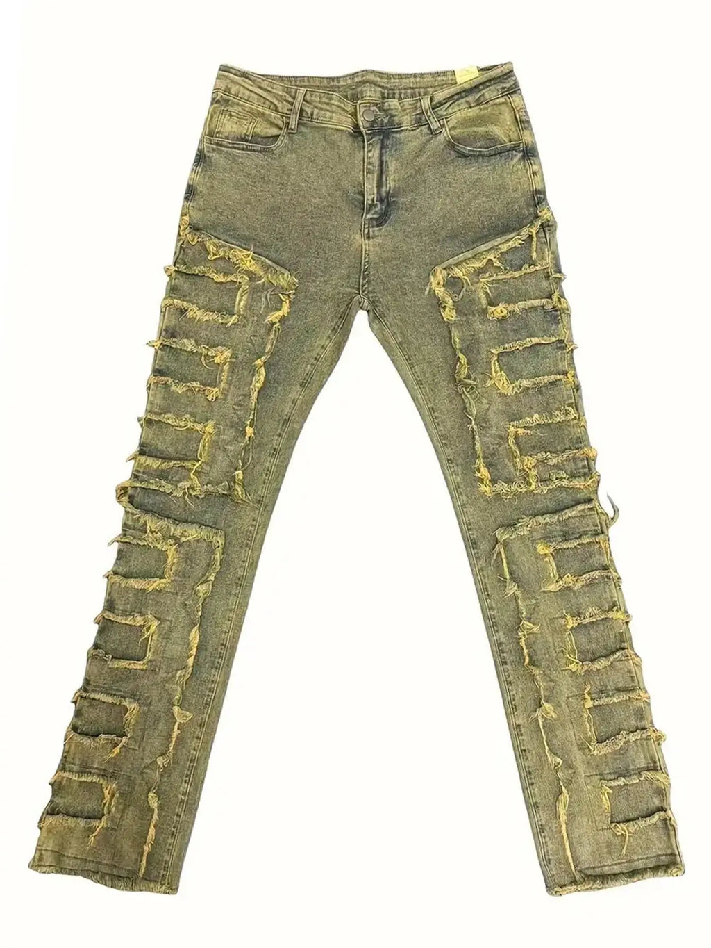 Blugi bărbătești cu multiple lucrări realizate manual, margini zdrențuite, croială slim fit