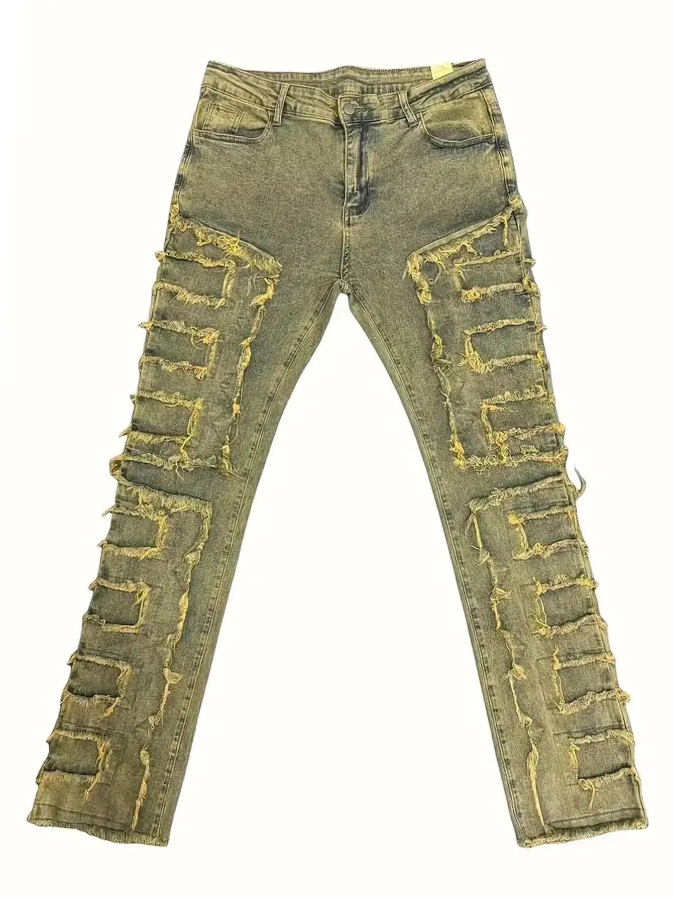 Blugi bărbătești cu multiple lucrări realizate manual, margini zdrențuite, croială slim fit