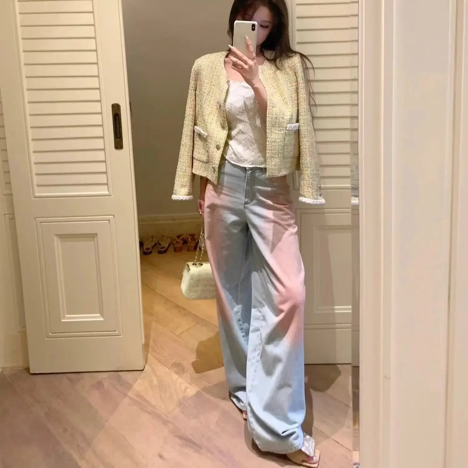 Blugi de damă, vopsiți în stil tie-dye, pantaloni de denim pentru femei, talie înaltă, cu picior larg