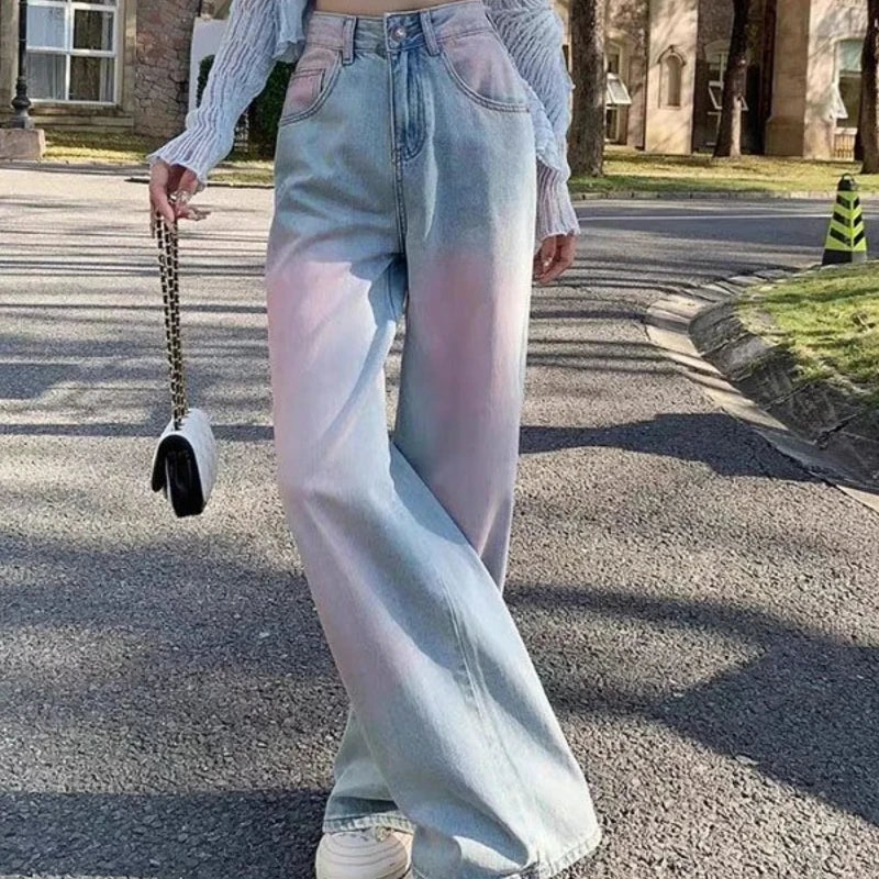 Blugi de damă, vopsiți în stil tie-dye, pantaloni de denim pentru femei, talie înaltă, cu picior larg