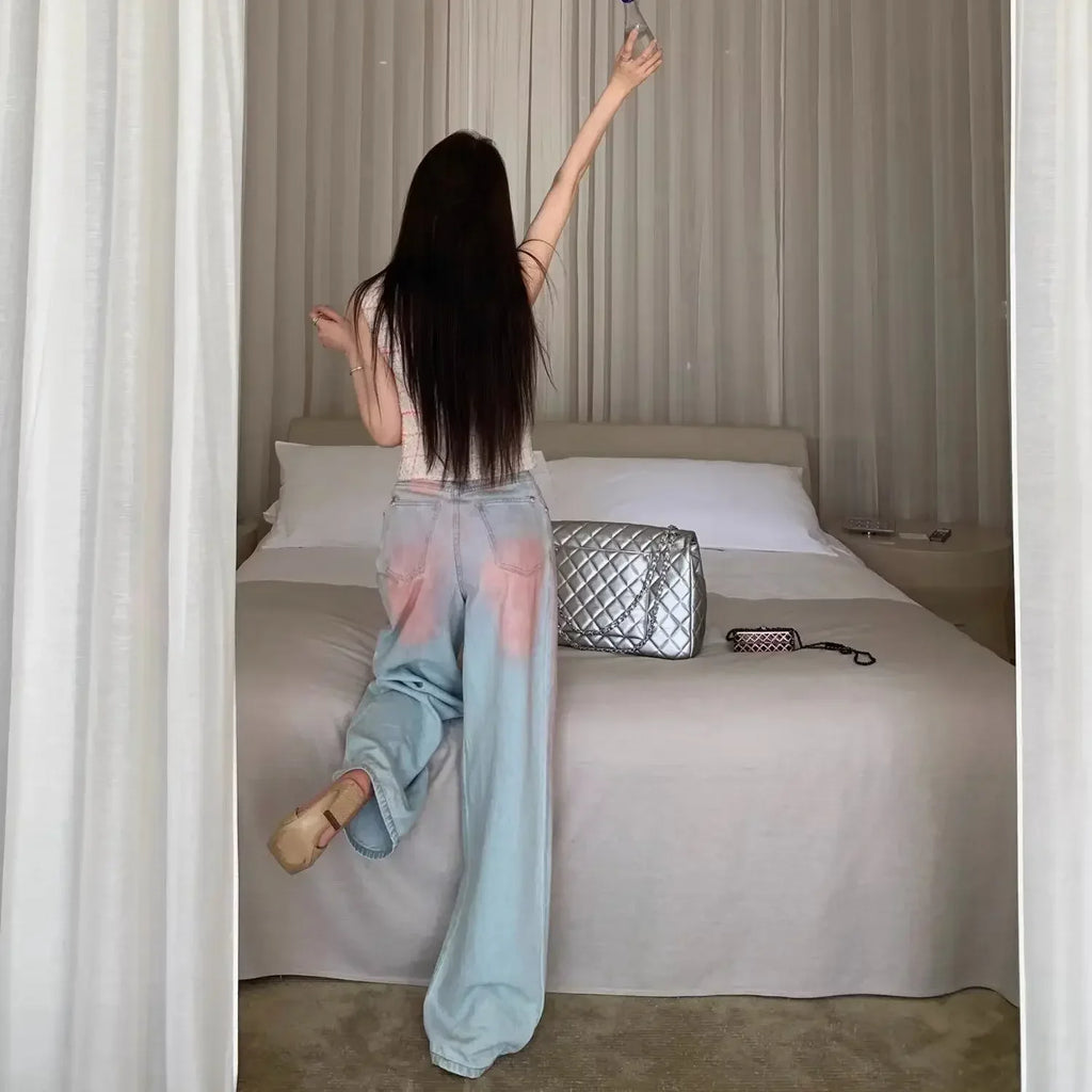 Blugi de damă, vopsiți în stil tie-dye, pantaloni de denim pentru femei, talie înaltă, cu picior larg