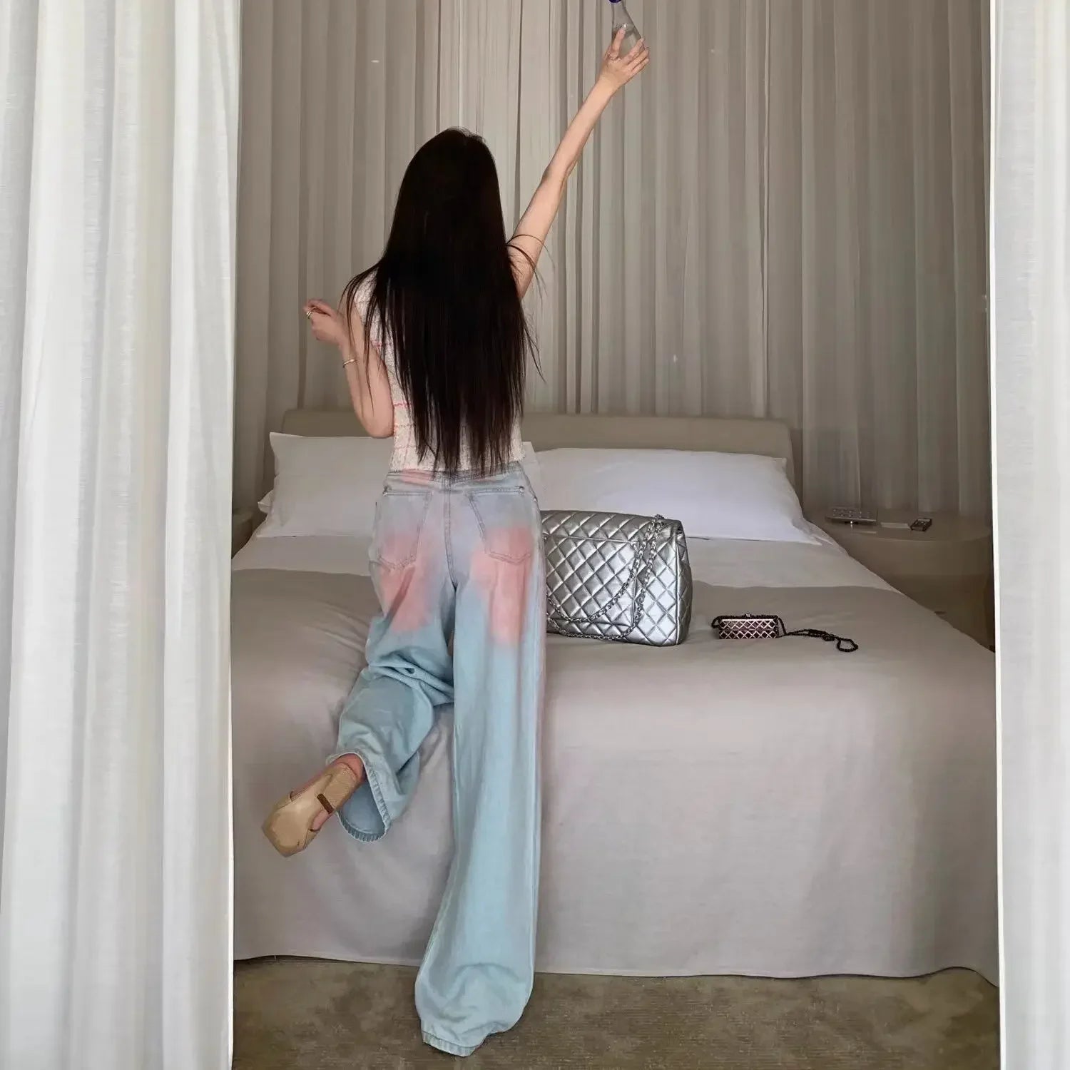 Blugi de damă, vopsiți în stil tie-dye, pantaloni de denim pentru femei, talie înaltă, cu picior larg