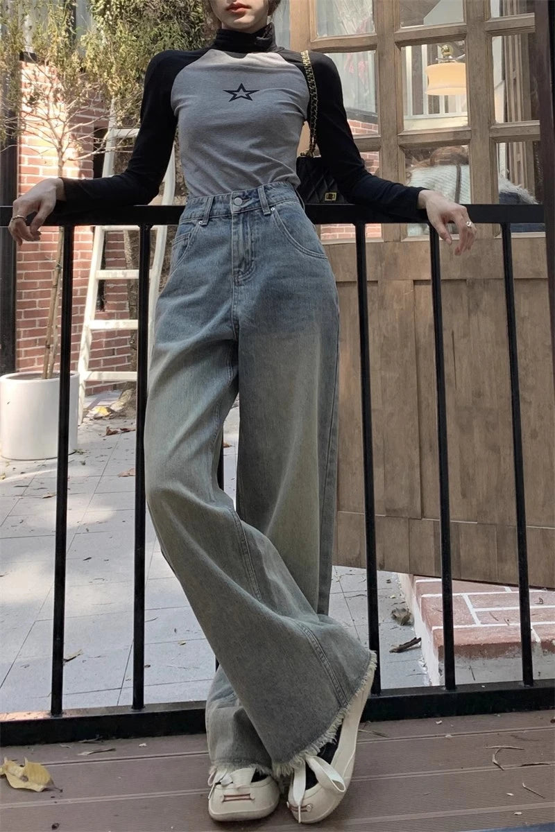 Blugi de damă cu tiv uzat, talie înaltă, evazați, stil vintage, picior larg