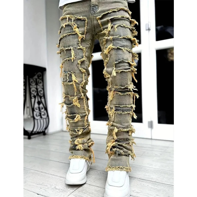 Blugi bărbătești cu multiple lucrări realizate manual, margini zdrențuite, croială slim fit