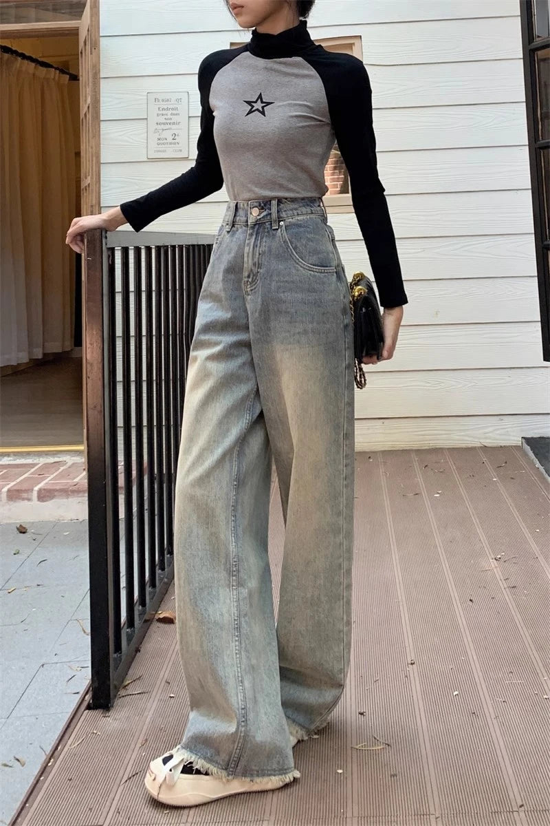 Blugi de damă cu tiv uzat, talie înaltă, evazați, stil vintage, picior larg