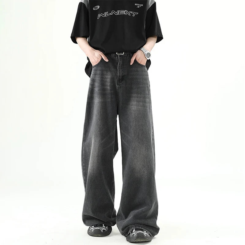 Pantaloni denim bărbătești, albastru închis, spălați, blugi drepți, casual