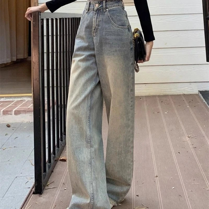 Blugi de damă cu tiv uzat, talie înaltă, evazați, stil vintage, picior larg