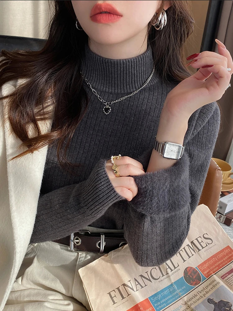 Pulover cu guler înalt pentru femei, iarna 2025, retro, cu căptușeală din catifea