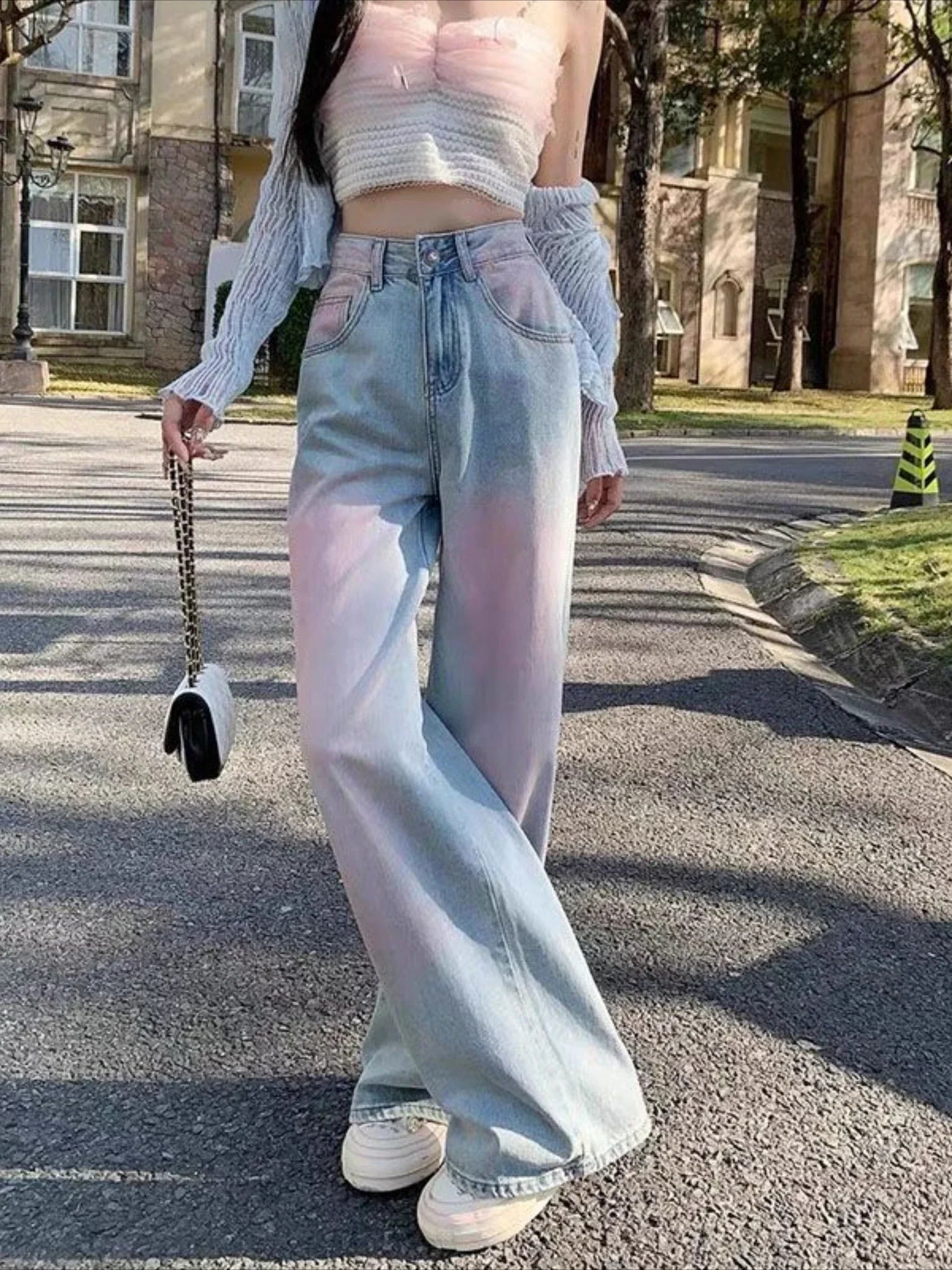 Blugi de damă, vopsiți în stil tie-dye, pantaloni de denim pentru femei, talie înaltă, cu picior larg