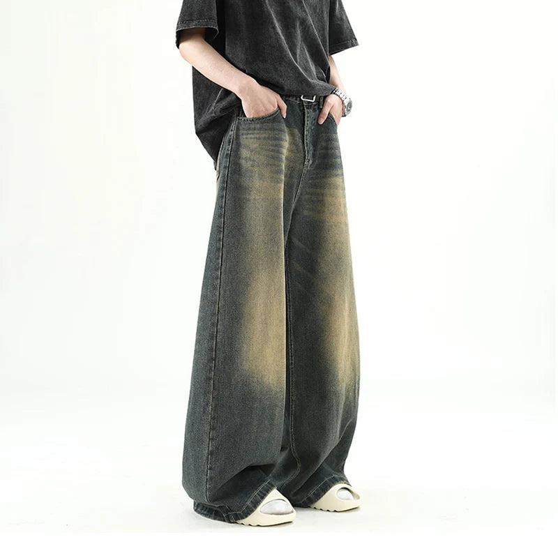 Pantaloni denim bărbătești, albastru închis, spălați, blugi drepți, casual