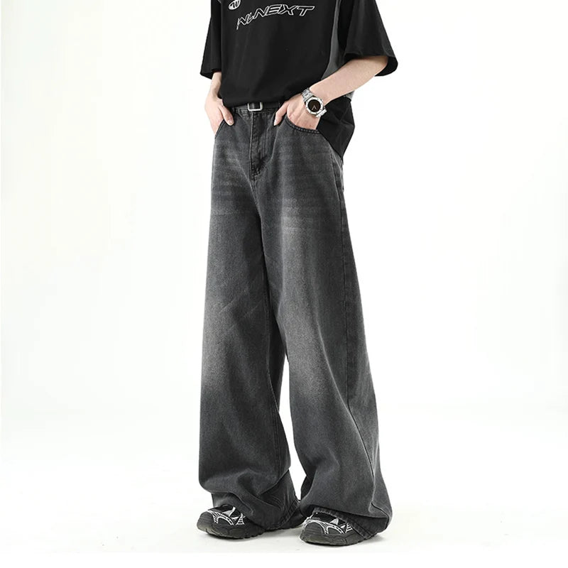 Pantaloni denim bărbătești, albastru închis, spălați, blugi drepți, casual