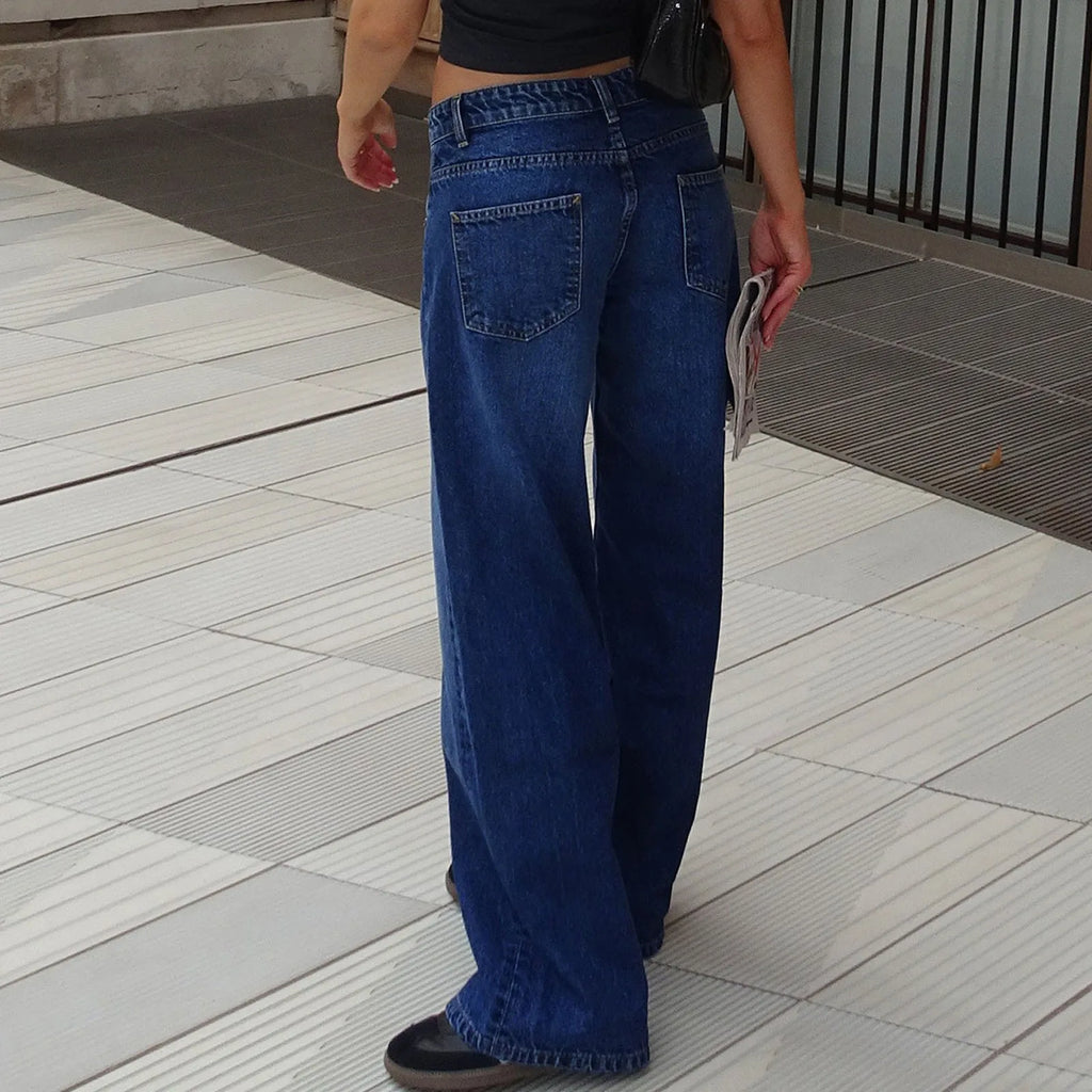 Blugi retro spălați, design pentru femei, cu talie medie, drepți