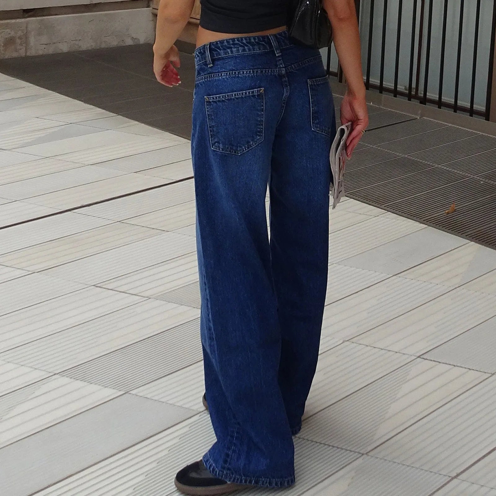 Blugi retro spălați, design pentru femei, cu talie medie, drepți