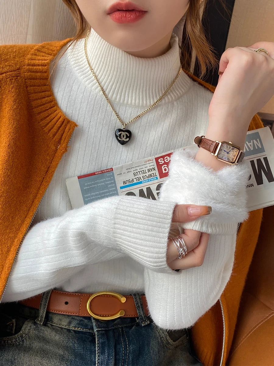 Pulover cu guler înalt pentru femei, iarna 2025, retro, cu căptușeală din catifea