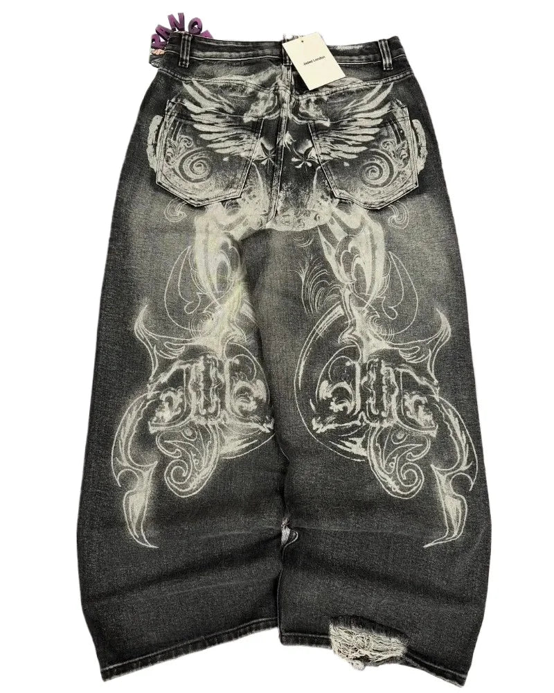 Blugi Jaede Lindon cu imprimeu de aripi, retro, gotic, la modă