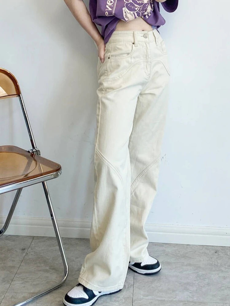 Blugi bej pentru femei, stil european la modă, lejer, casual, talie înaltă