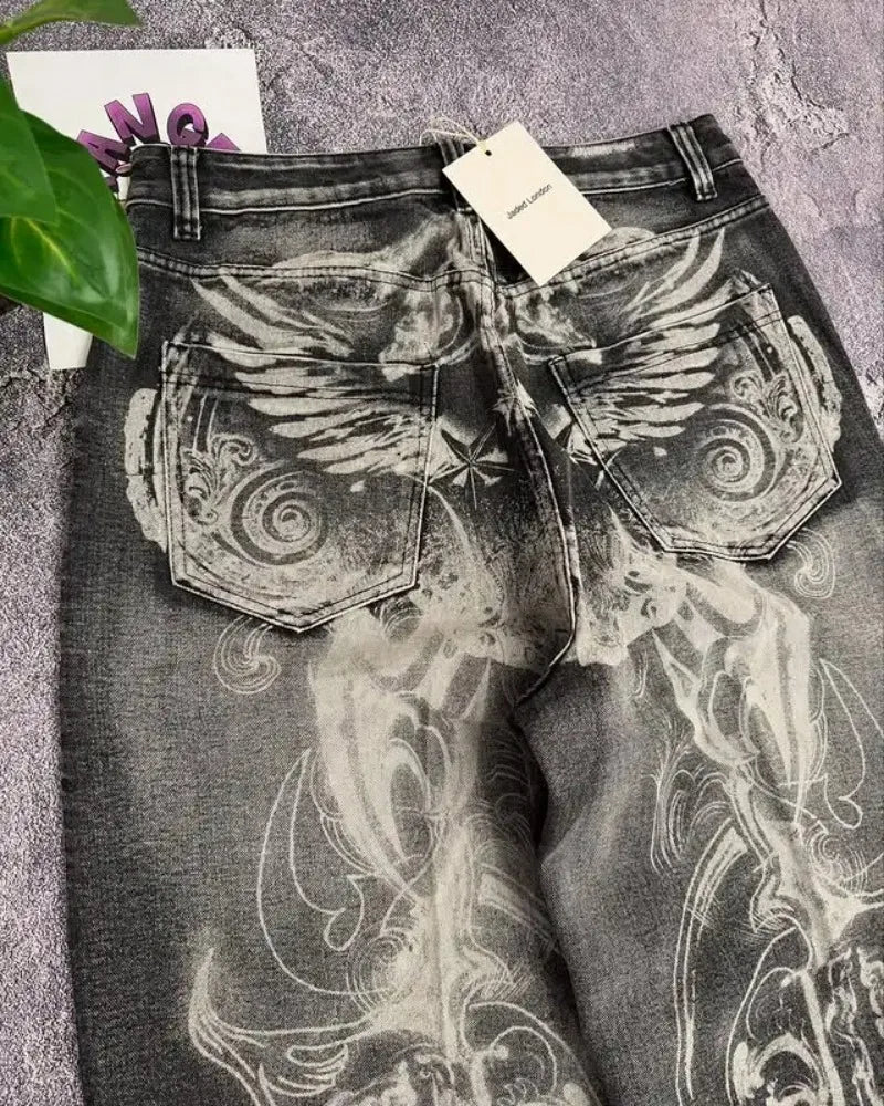 Blugi Jaede Lindon cu imprimeu de aripi, retro, gotic, la modă