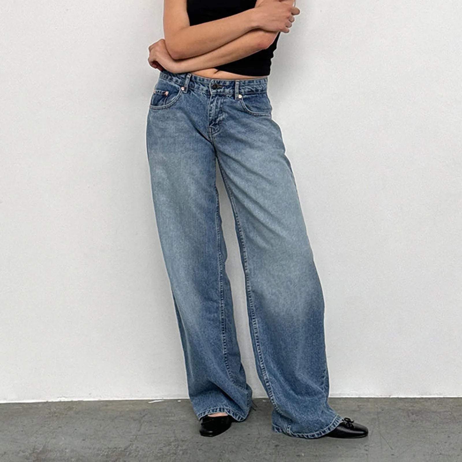 Blugi retro spălați, design pentru femei, cu talie medie, drepți
