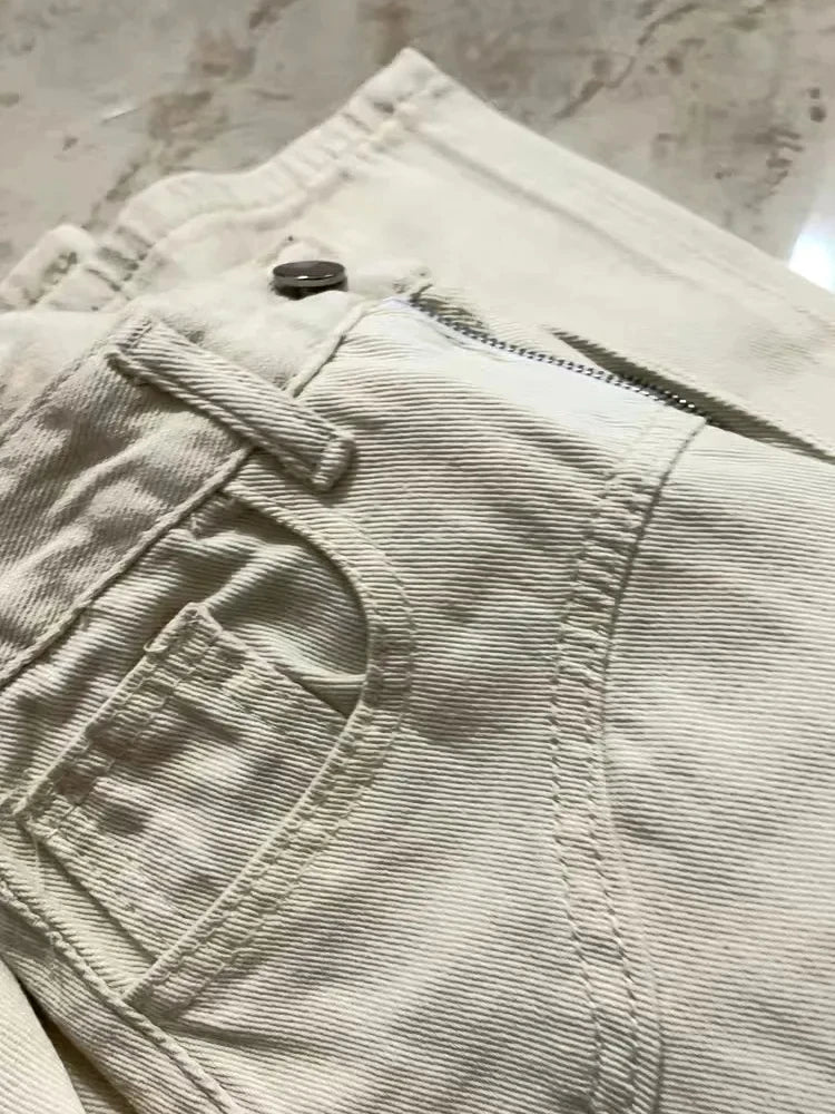 Blugi bej pentru femei, stil european la modă, lejer, casual, talie înaltă