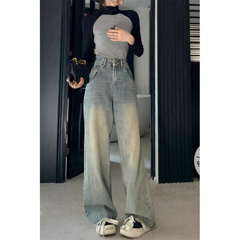 Blugi de damă cu tiv uzat, talie înaltă, evazați, stil vintage, picior larg